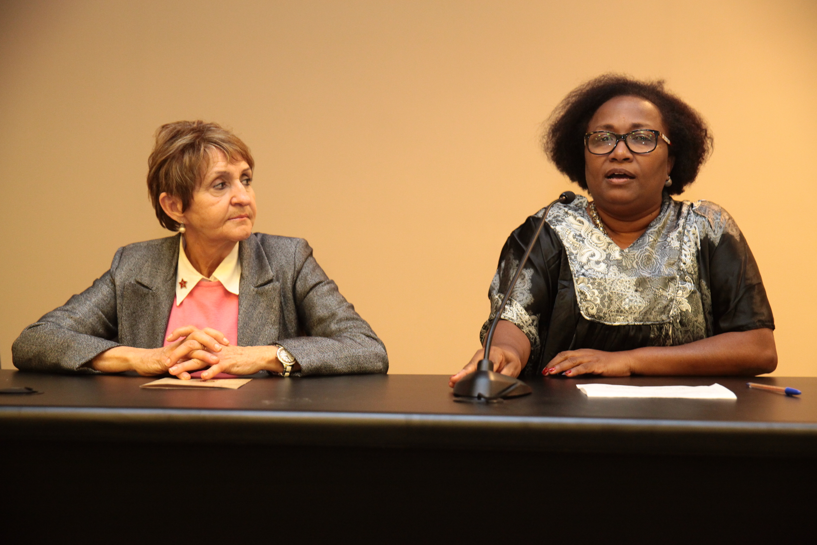Deputada Federal Luci Choinacki  e a coordenadora de Estágios Especiais da Assembleia Legislativa, Marilú de Oliveira. Dia Internacional da Mulher Negra. Foto: Miriam Zomer/ Agência AL