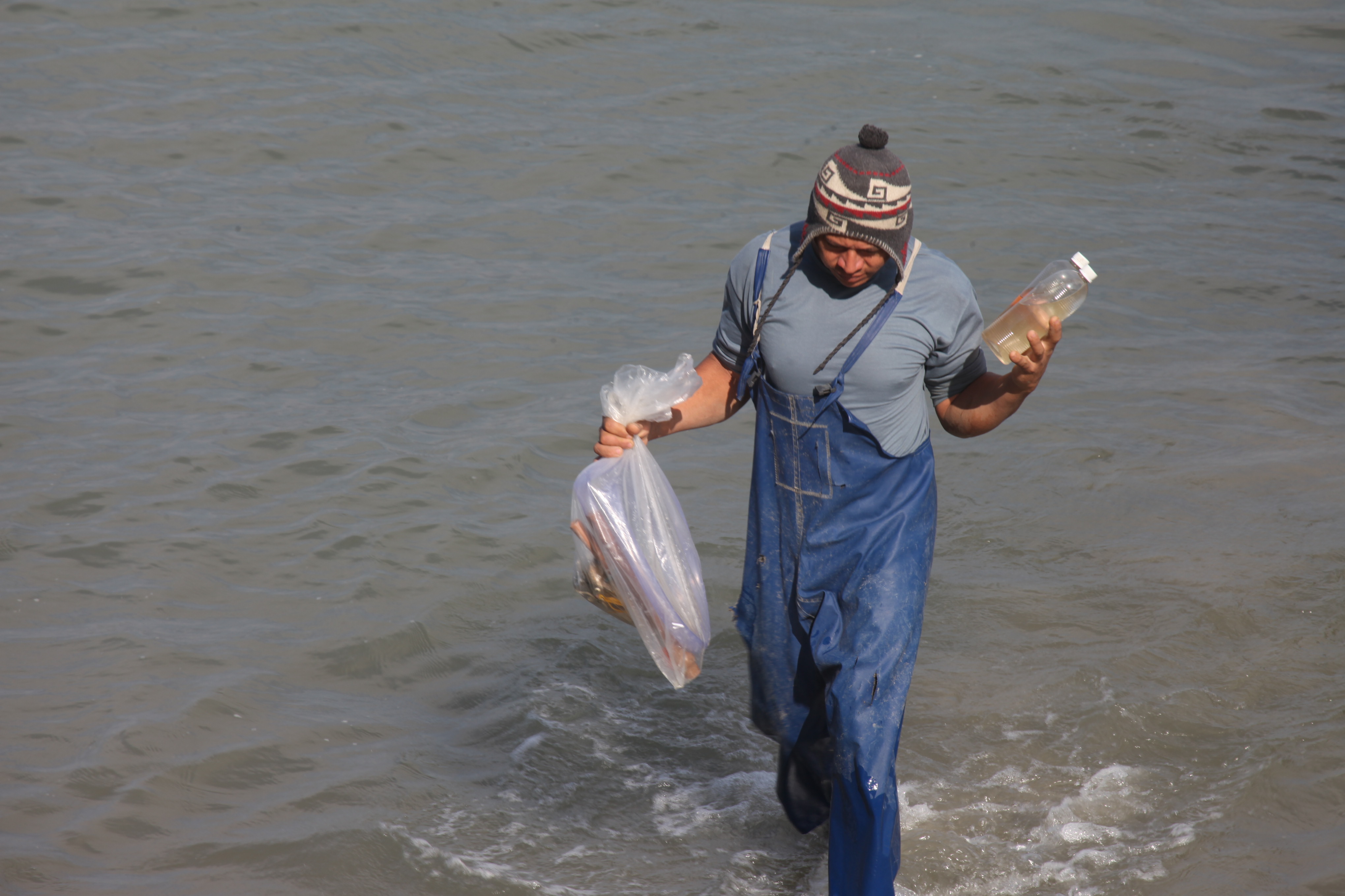 Técnicos da Cidasc coletam amostras da água do mar para medir o nível de toxinas. Foto: Fábio Queiroz / Agência AL