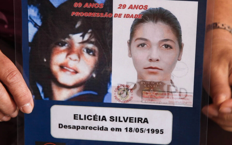 Foto de Elicéia Silveira da época em que desapareceu e a projeção de progressão de idade