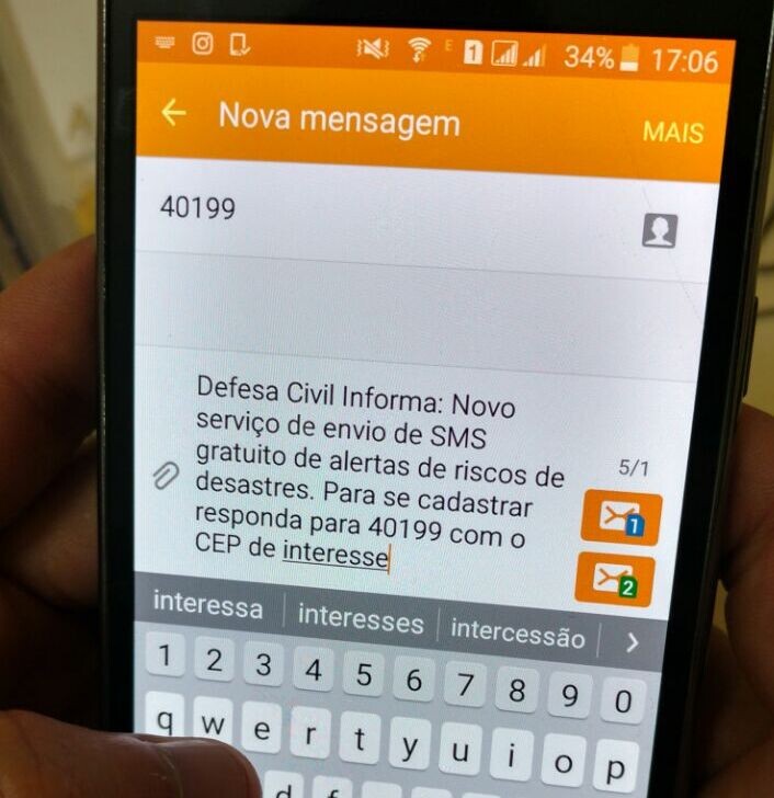 Defesa Civil vai testar serviço de alertas por SMS