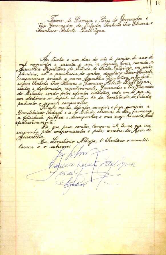 Reprodução do livro onde consta o Termo de Posse e Promessa de Ivo Silveira e Francisco Dall'Igna no governo de Santa Catarina