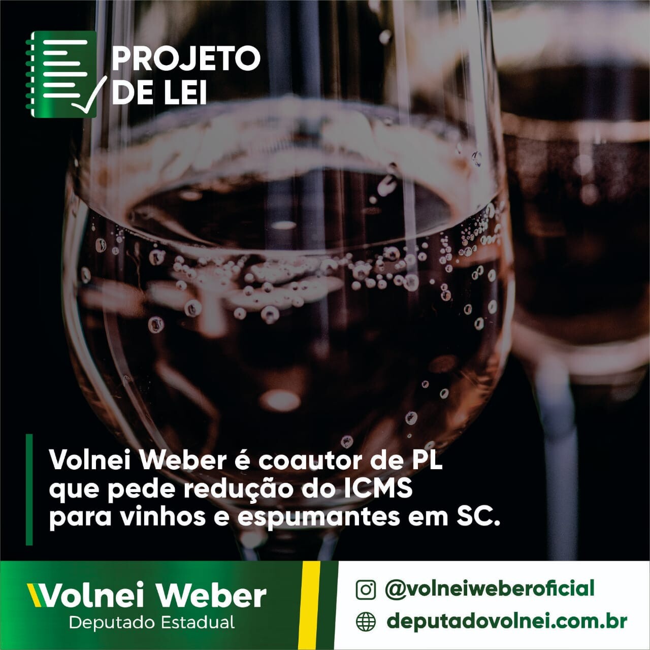 Weber é coautor de PL que pede redução do ICMS para vinhos e espumantes em SC