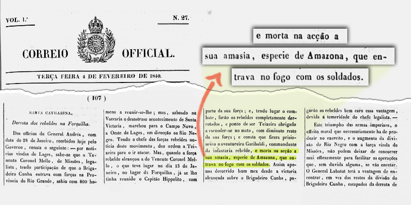 Recorte da falsa notícia da morte de Anita Garibaldi