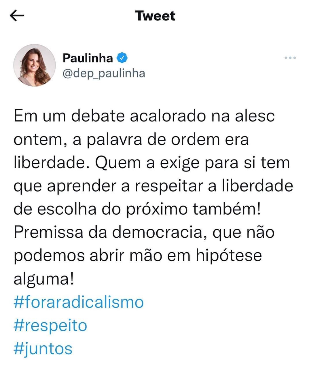 Paulinha reafirma posicionamento sobre projeto da vacina e prega respeito e democracia