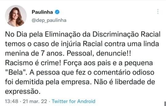 Paulinha se solidariza com família de menina vítima de racismo em Criciúma
