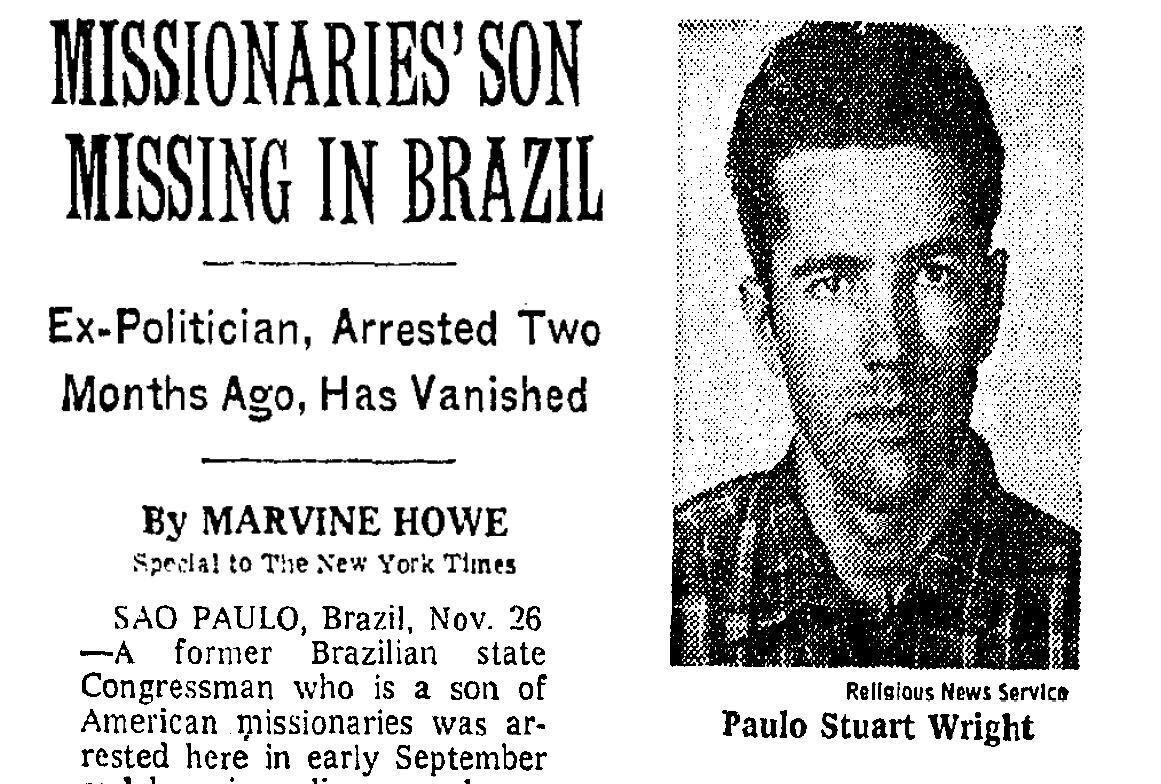 Recorte de jornal norte-americano noticiando o desaparecimento de Paulo Stuart Wright.