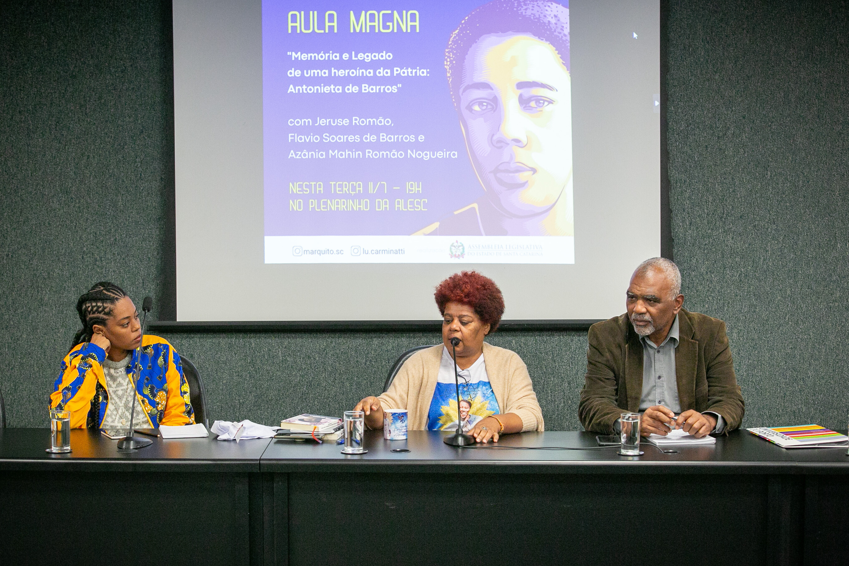 Pesquisadora Azânia Mahin Romão Nogueira; biógrafa de Antonieta, Jeruse Romão e Flavio Soares de Barros, sobrinho-neto de Antonieta de Barros