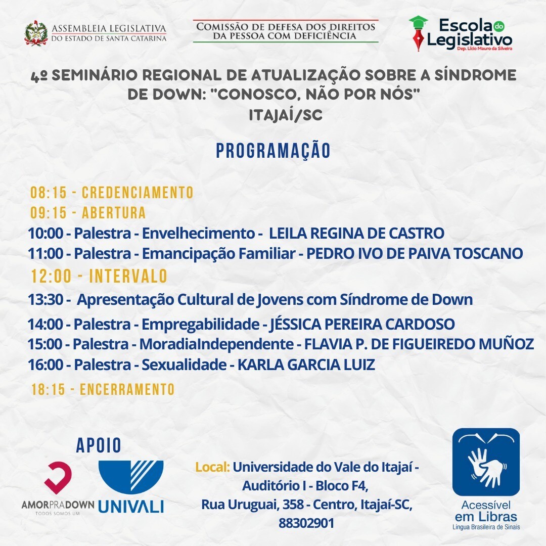 Itajaí: 4º Seminário Regional sobre Síndrome de Down ocorre nesta sexta-feira (22)