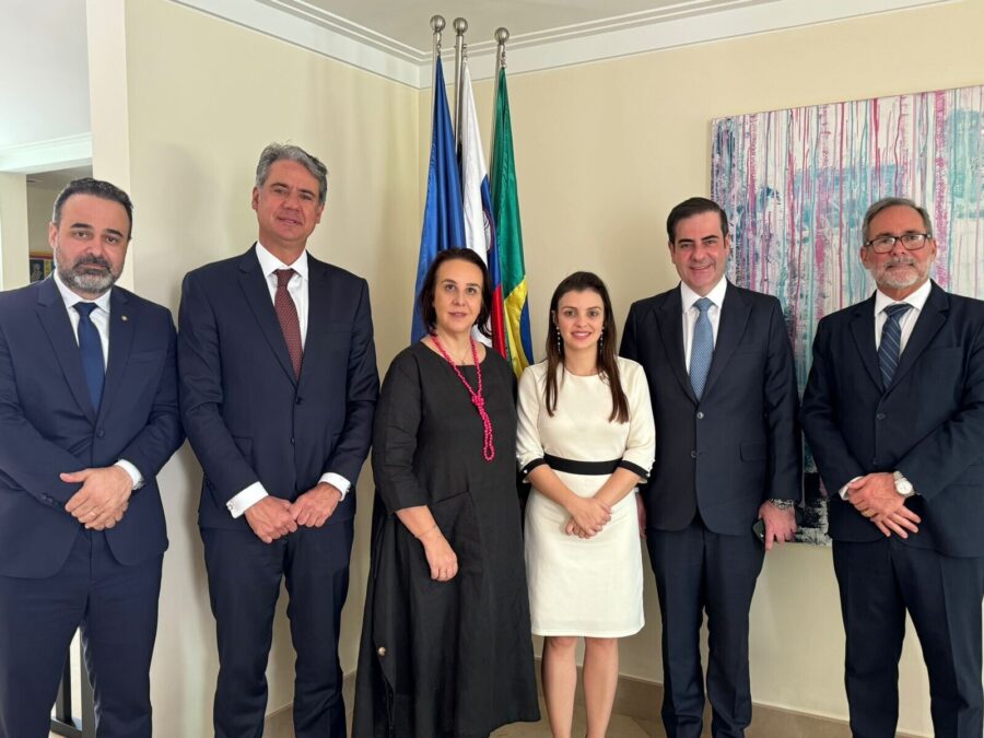 Deputado Cleiton Fossá, deputado federal Carlos Chiodini, embaixadora da Eslovênia no Brasil, Mateja Kračun, e diplomatas