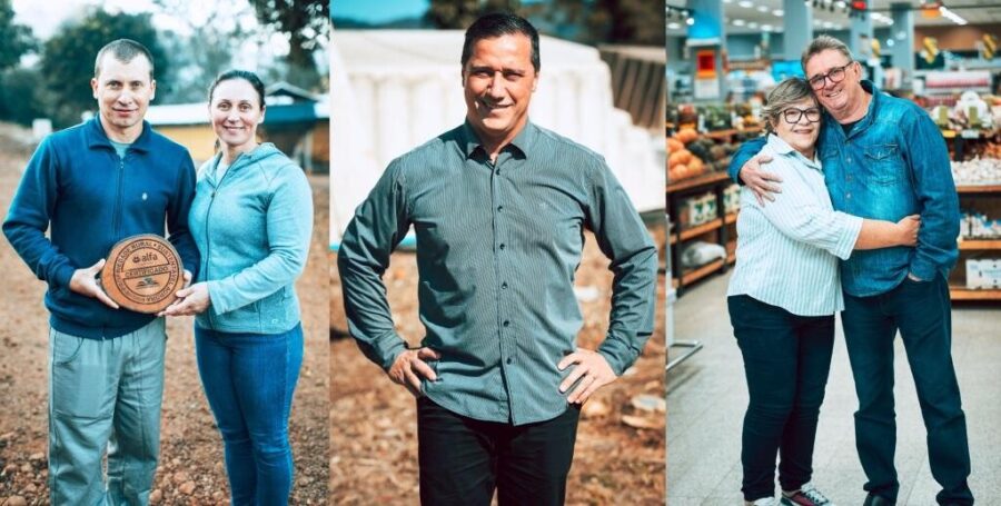 O produtores rurais Giovani e Claudete (e), o empresário Alex e o casal Maria Aparecida e Francisco; exemplos de cooperados espalhados por SC