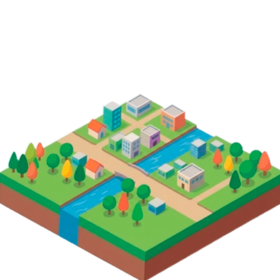 Ilustração da dinâmica de rios em áreas urbanas