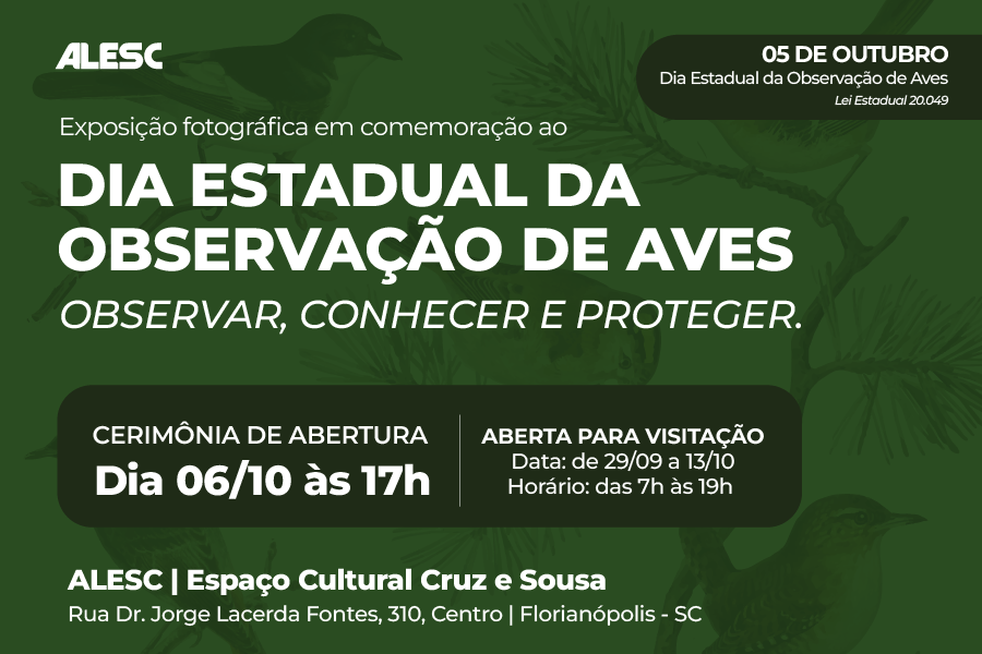 Entre cores e cantos, exposição na Alesc revela a riqueza das aves de Santa Catarina